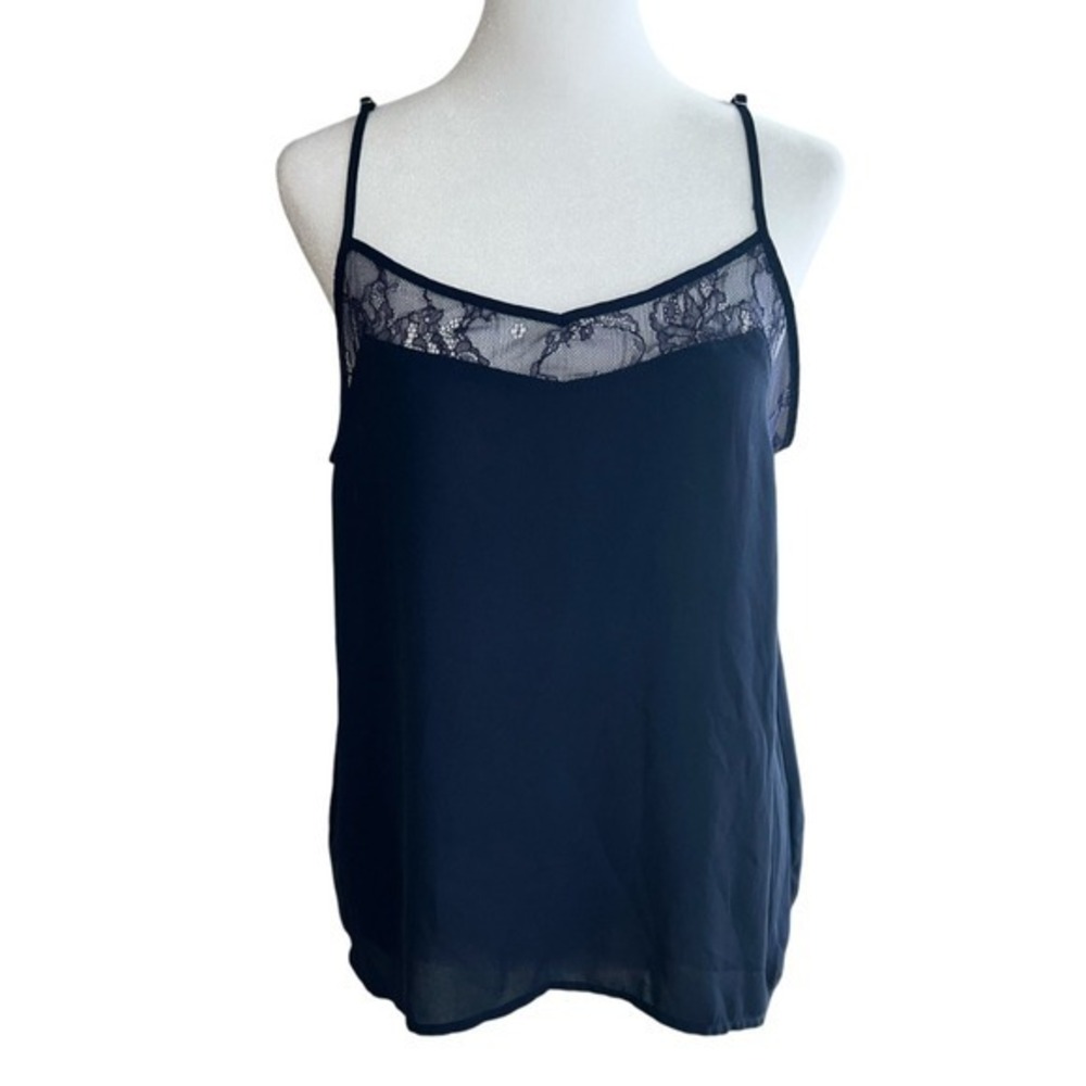 Forever 21 Cami Top Womens S Navy Blue Lace Trim V-Neck Sleeveless Blouse‎